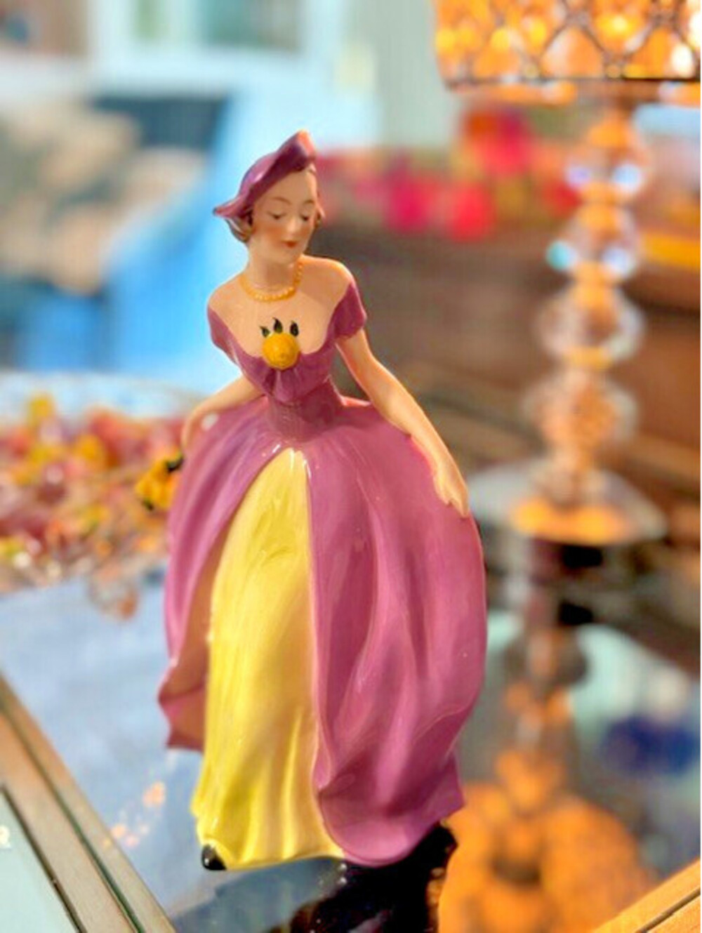 Vtg Goebel  Lady Figurine FF70 or Southern Belle Purple & Yellow Dress